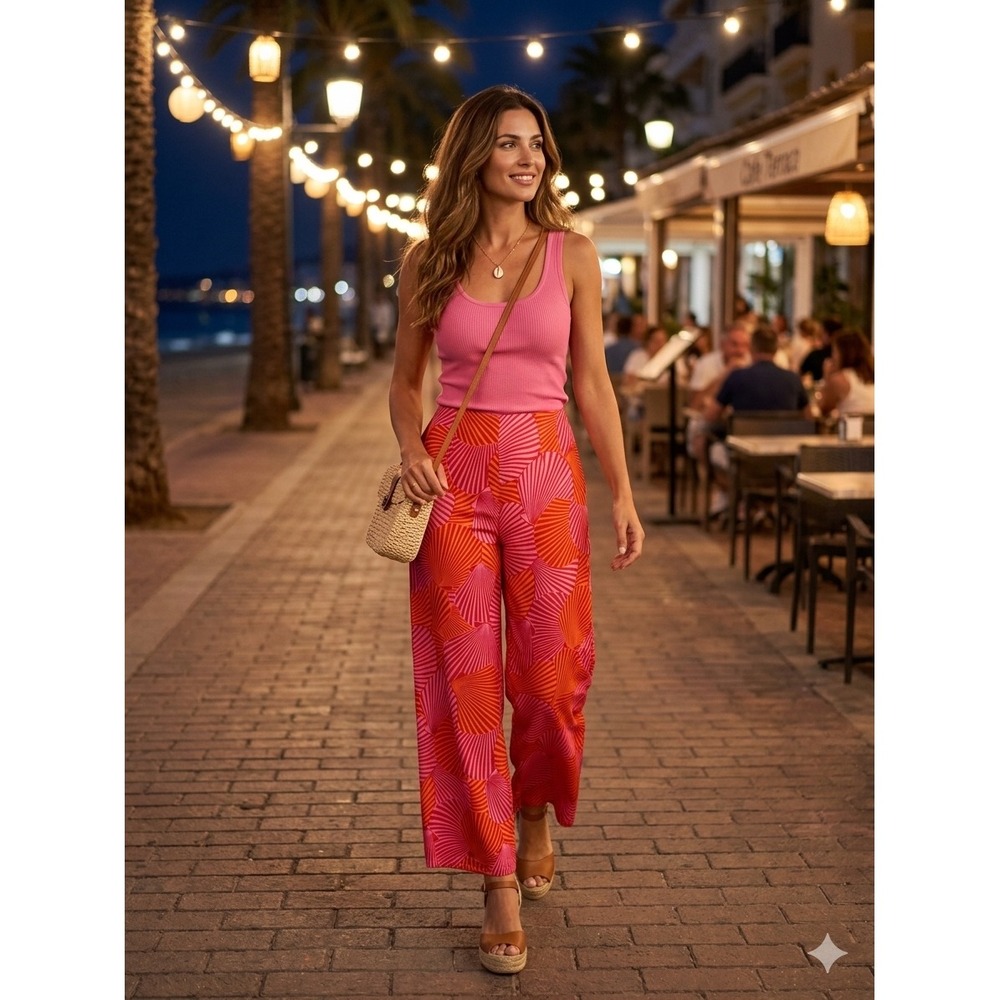 Never Fully Dressed Pink with Red & Orange Wide-Leg Patterned Pants